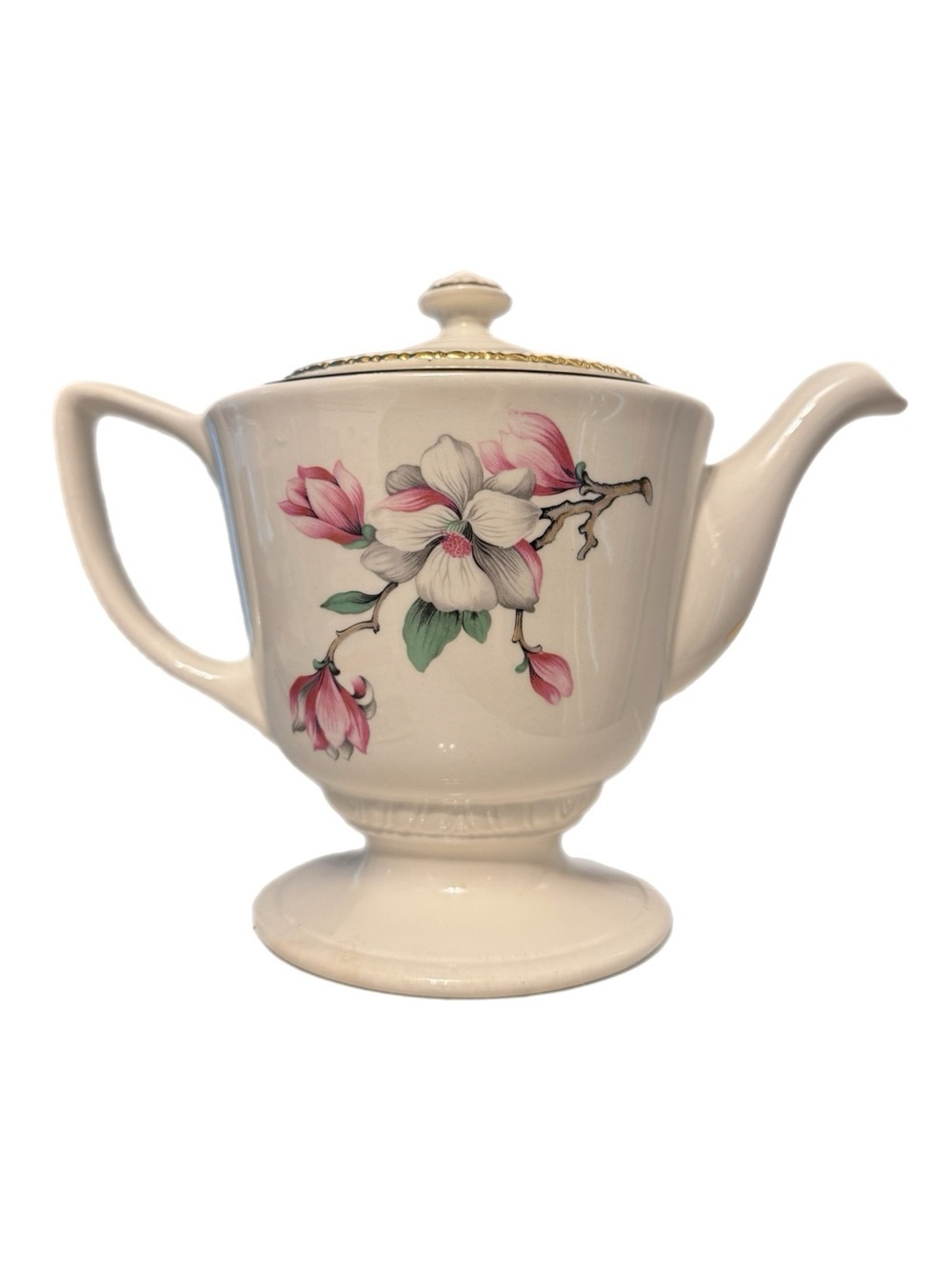 Vintage 1950s Homer Laughlin Dogwood Liberty Teapot Ceramic Floral Gold Trim